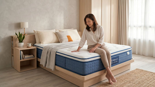 Woman testing a blue pocketed spring mattress on a light wood bed frame in a calm Singapore bedroom, showing mattress support for back pain comfort.