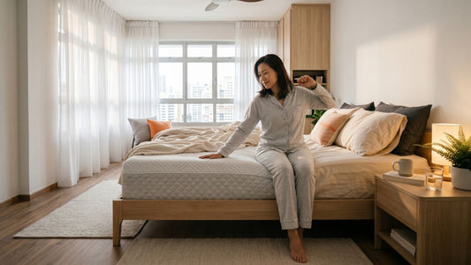 Woman sitting on a breathable mattress in a warm Singapore bedroom with fan, water, and natural bedding for night sweats comfort