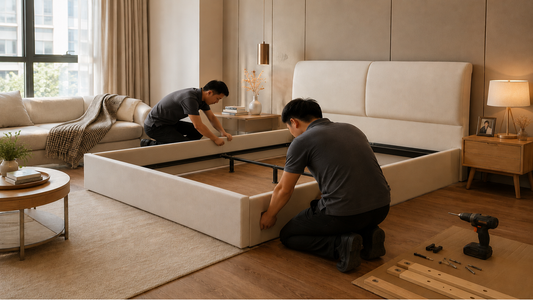 Professional bed frame assembly in a modern Singapore bedroom with installers assembling a beige upholstered bed frame in a warm HDB-style interior.
