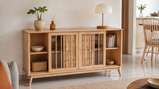 Light wood custom-style sideboard with sliding panel doors in a warm Singapore living and dining space, showing practical storage for MaxiHome’s custom carpentry process.