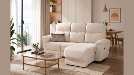 Cream double sofa bed with chaise in a bright Singapore living room, styled for queen-sized sleeping comfort and space-smart HDB or condo living.