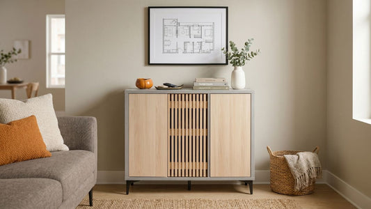 Living room storage cabinet collection by MaxiHome in a modern Singapore home with light wood doors, slatted centre panel, and compact storage styling