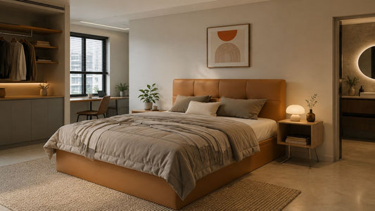 Cosy upholstered bed frame in a modern Singapore apartment bedroom with wardrobe, study area, and ensuite layout.