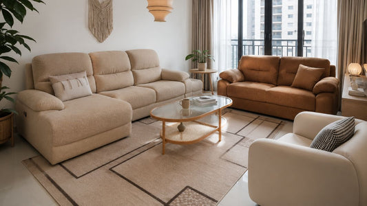 Coordinated MaxiHome sofa set collection styled in a modern Singapore living room with matching tables and warm neutral tones