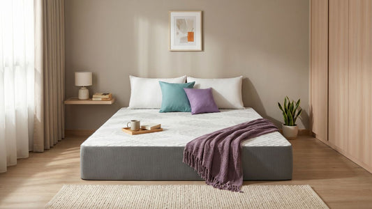 Memory foam mattress in a bright modern Singapore bedroom with wardrobe, study desk, and soft neutral styling