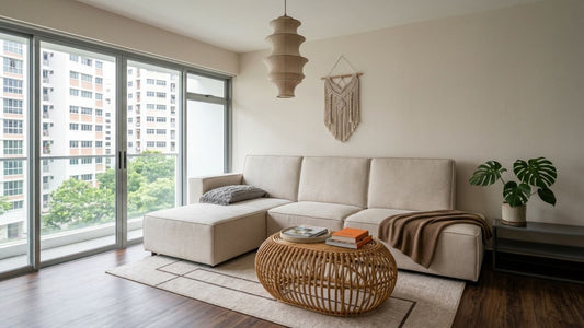 Modern cream microfibre sectional sofa in a cosy minimalist living room showcasing durability, stain resistance, and easy cleaning for Singapore homes