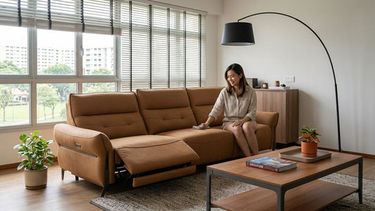 Modern brown microfibre reclining sofa in a cosy living room showcasing durability, comfort, and easy-clean fabric for everyday family use.