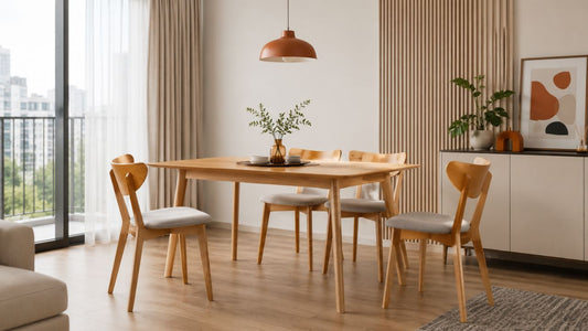 Minimalist light wood dining table set in a modern Singapore condo dining area with soft daylight and warm Scandinavian styling