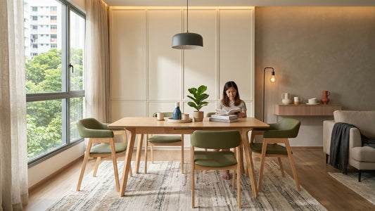 Modern wooden dining set with green upholstered chairs in a Singapore condo dining area featuring space-saving minimalist interior design and natural lighting