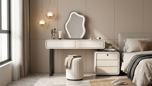 Modern dressing table and vanity setup in a Singapore bedroom with soft neutral tones, illuminated mirror, compact storage drawers, and space-saving furniture layout