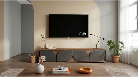 Modern lacquered TV console with wood finish and grey doors in a bright Singapore living room