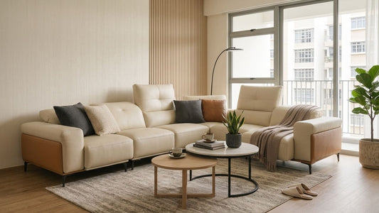 Modern modular sectional sofa in neutral beige tones styled in a cosy Singapore HDB living room with minimalist décor and natural lighting