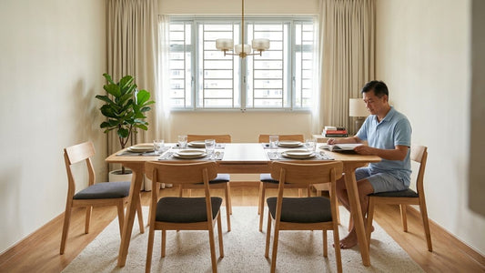 Modern Scandinavian wooden dining table with four chairs in a cosy Singapore HDB dining room, showing practical seating space for everyday family use