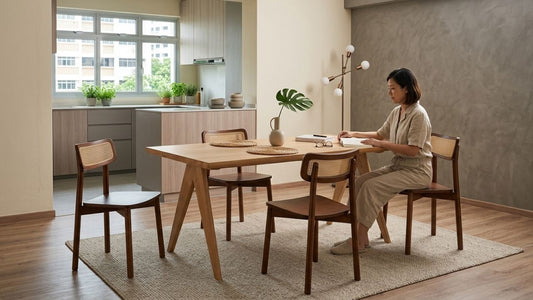Modern wooden dining table and cane chair pairing in a minimalist apartment, showing ideal dining chair height, table clearance, and Scandinavian style coordination