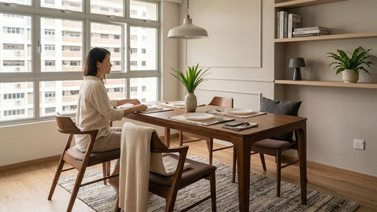 Modern wooden dining set in a cosy Singapore HDB dining area with neutral interior styling and space-saving layout