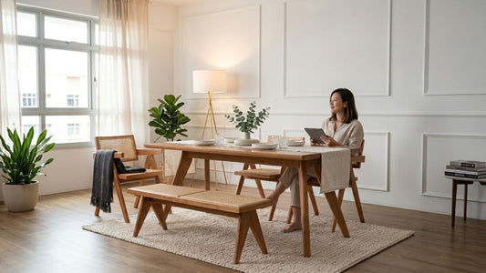 Modern wooden dining table set in a minimalist Singapore apartment with neutral interiors, bench seating, and natural lighting