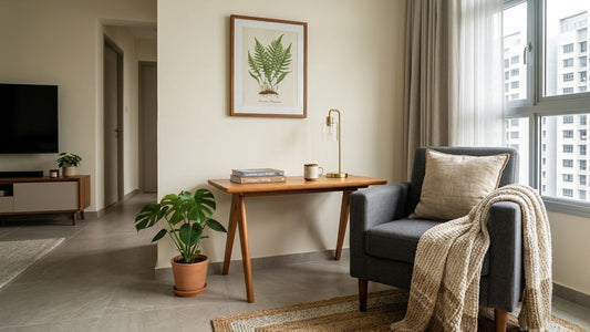 Modern wooden side table and accent table styled beside a grey armchair in a cosy Singapore living room with warm natural lighting