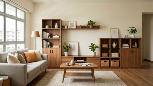 Modular living room storage collection with TV console, shelving, sofa and coffee table in a bright Singapore HDB living room
