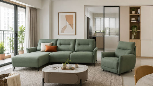 Sage green modular sofa with chaise in a bright Singapore living room with balcony and storage.