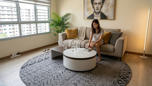 Modern living room featuring a nested coffee table collection with multi-piece round tables in wood and white finish, styled with a neutral sofa and textured rug in a contemporary Singapore apartment.