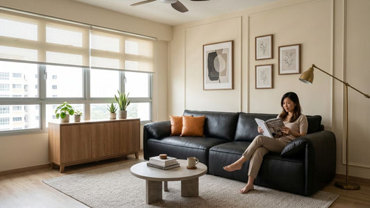 Neutral tone living room with black leather sofa, beige rug, cream walls and minimalist modern interior design in a Singapore HDB flat