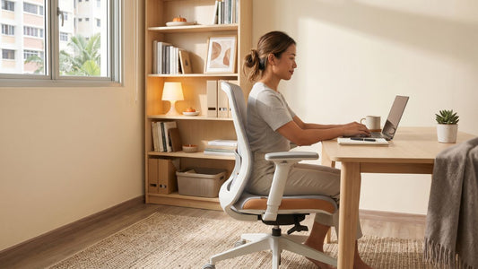 Woman using a grey ergonomic office chair at a wooden desk in a bright Singapore home office with built-in shelving and warm neutral decor.
