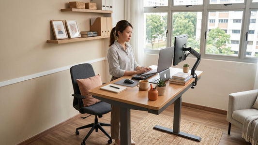 Modern height-adjustable office desk workstation in a bright Singapore HDB study room with laptop, monitor, shelving, and natural daylight.