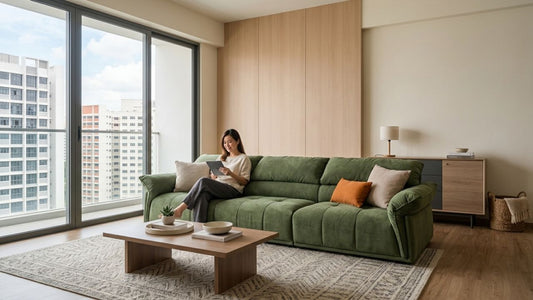 Modern green performance fabric sofa in a bright minimalist living room designed with stain-resistant and pet-friendly upholstery for Singapore homes.