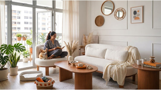 Pet-friendly Singapore living room with white sofa, wood coffee table, corgi, and cosy neutral decor
