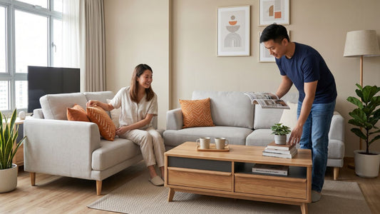 Pre-wedding couple arranging cushions and reviewing furniture ideas in a modern Singapore HDB living room with light fabric sofas and wood coffee table