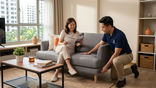 Furniture service consultant checking sofa installation quality in a Singapore home as part of after-sales support.