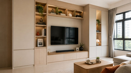 Built-in TV console and storage cabinetry in a modern Singapore home showing quality control in custom carpentry with warm wood finishes and clean workmanship.