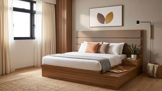 Queen bed frame with upholstered headboard and warm wood platform in a modern Singapore master bedroom