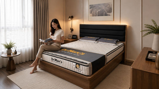 Queen mattress in a modern Singapore condo master bedroom with warm wood furniture, soft daylight, and cozy neutral interior styling