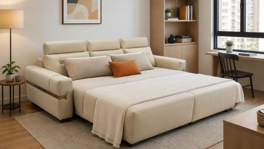 Cream queen sofa bed in a modern Singapore HDB living room with warm wood tones, showing a practical guest sleeping setup for small homes