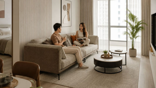Modern beige fabric sofa in a Singapore living room for a guide on reading a sofa warranty before buying.