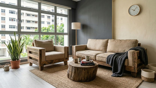 Modern Singapore living room featuring recycled wood sofa furniture and sustainable upcycled interior design with natural textures and eco-friendly décor