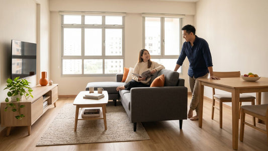 Couple planning renovation furniture shopping sequence in a modern Singapore HDB living and dining room with sofa, TV console, coffee table, and dining table