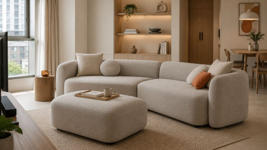 Sectional sofa with matching ottoman in a warm modern Singapore living room with built-in storage and soft neutral styling