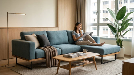 Modern Scandinavian living room with blue fabric sectional sofa in Singapore HDB apartment during a furniture showroom visit checklist and sofa comfort testing