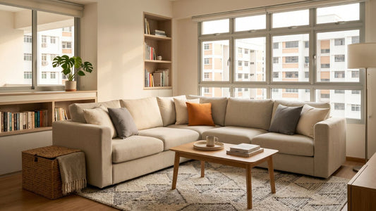 Modern Singapore living room with a light grey sectional sofa, wooden coffee table, and neutral décor, showing a practical home furniture setup for showroom and online furniture shopping comparison