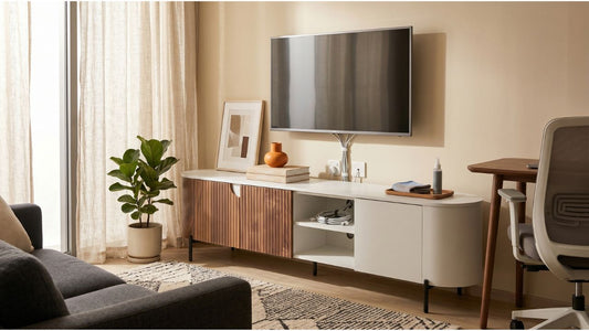 Singapore home office with TV console cable management, study desk, office chair, and warm neutral living room styling