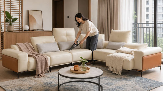 Adult Singapore resident vacuuming a cream L-shaped sofa in a modern HDB living room for furniture care in humid climate.
