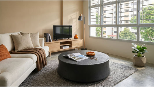 Compact Singapore walk-up apartment living room with cream sofa, black round coffee table, wooden TV console, and large louvred windows