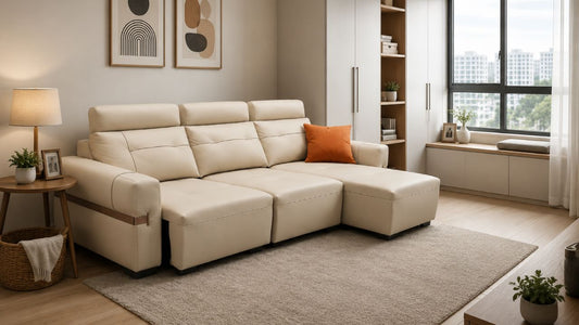 Cream sofa bed in a modern Singapore living room showing comfortable daily and occasional use design for compact homes