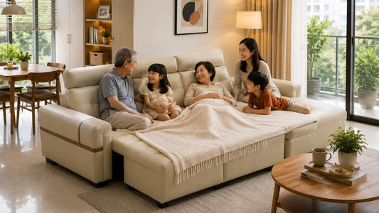 Multi-generational Singapore family relaxing on a beige sofa bed in a warm HDB living room