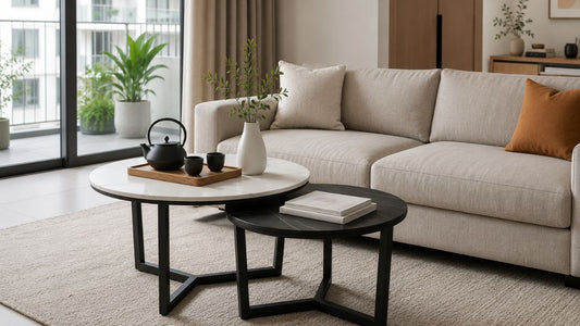 Beige sofa with paired round coffee tables showing balanced sofa and coffee table sizing in a modern Singapore living room.