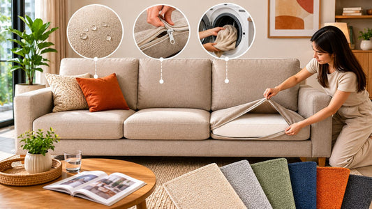 Removable washable sofa cover on a beige fabric sofa in a modern Singapore living room with fabric swatches and everyday home styling.