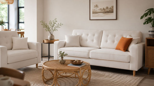 Cream tufted sofa set with rattan coffee table in a warm Singapore living room for a sofa seat depth guide