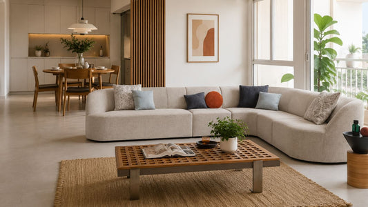 Beige L-shaped sofa set in a Singapore open-concept living and dining area with woven rug, wood coffee table, and warm neutral styling
